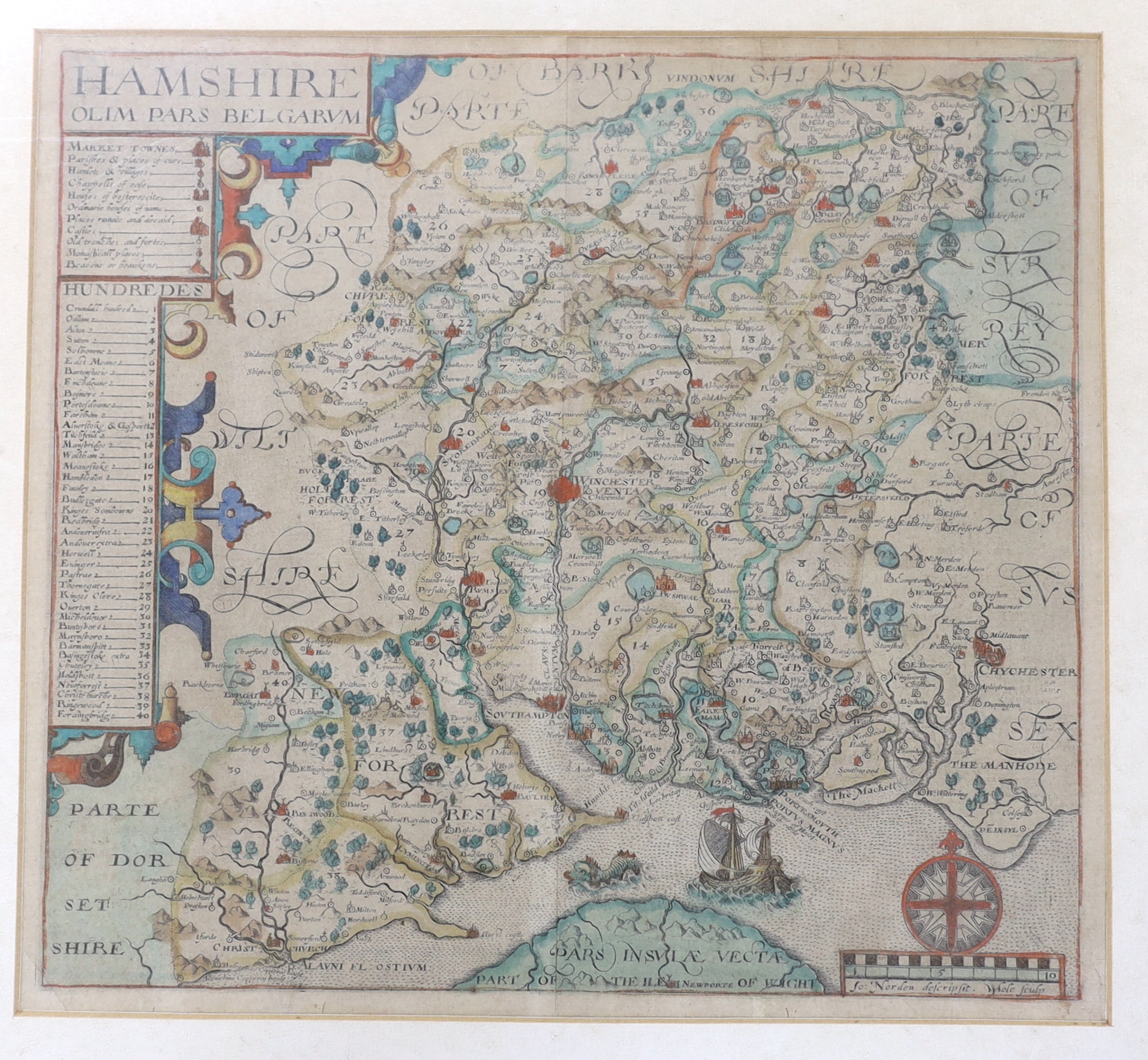 John Norden & William Hole, 17th century engraved county map of Hampshire, originally produced for William Camden's Britannia and published 1637, later hand-coloured, 30 x 32cm; Moll, Herman - The Dominions of Muscovy in